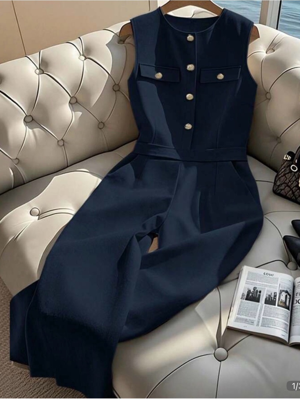 NWT SHEIN Sleeveless Navy cropped Wide-Leg Jumpsuit with Gold Buttons Small